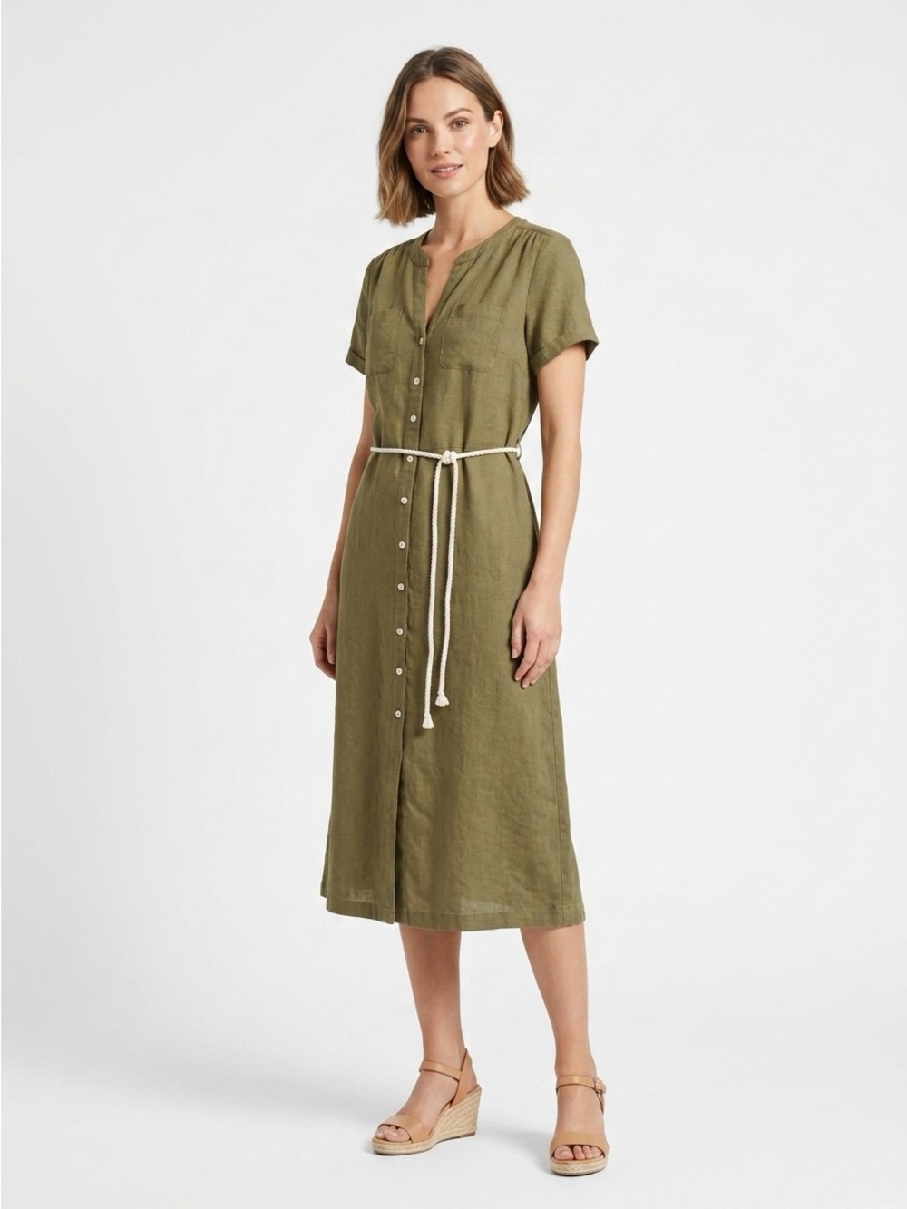 Talbots 4 Olive Green 100% Linen Fit Flare Shirtdress Rope Belt Lagenlook Earthy